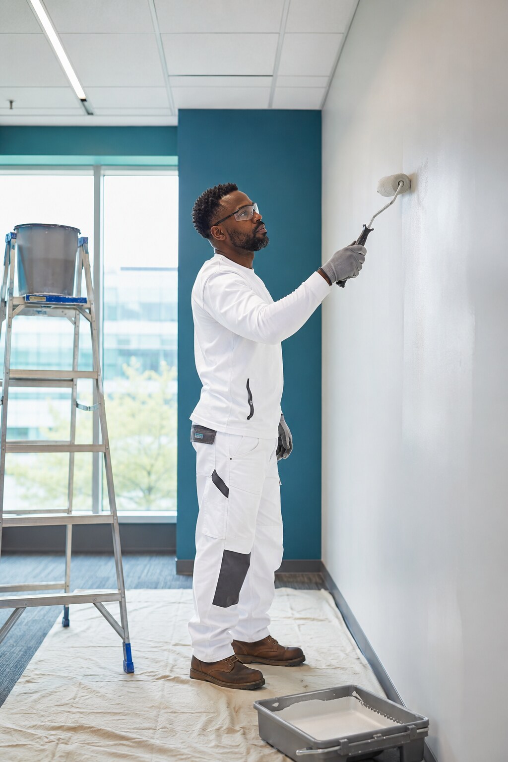 Black male professional painter applying fresh paint inside a modern commercial facility